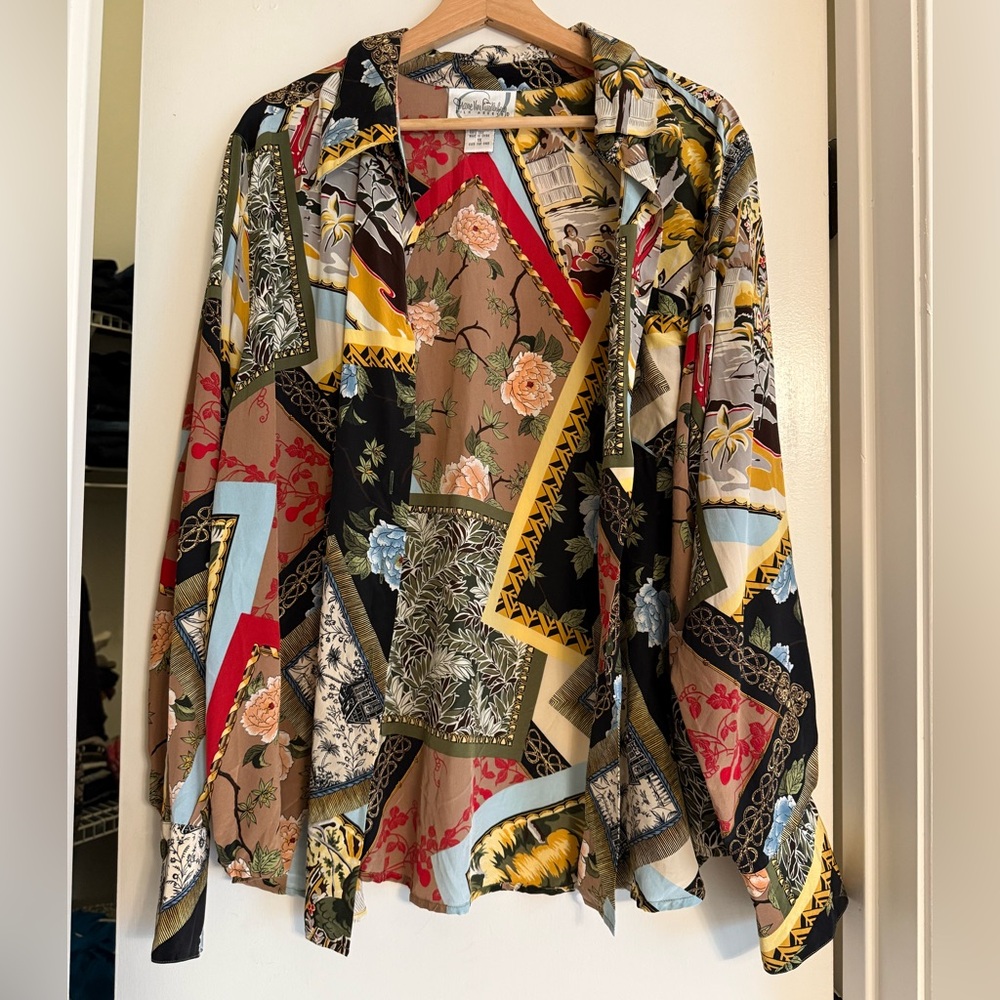 Vintage DVF Diane Von Furstenberg Silk Assets Multi Color Asian Button Down